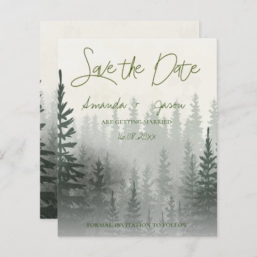霧の水色の森の結婚式の日付を保存 (正面/裏面)