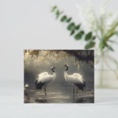 霧の深い沼に鶴のペア ポストカード (スタンド正面)