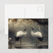 霧の深い沼に鶴のペア ポストカード (正面/裏面)