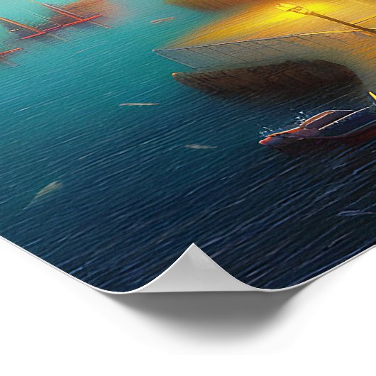 霧の深い港と灯台 ポスター (角)