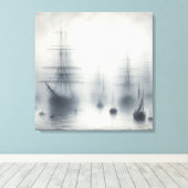 霧の深い港の神秘的な船 キャンバスプリント (インサイチュ (ウッドフロア))
