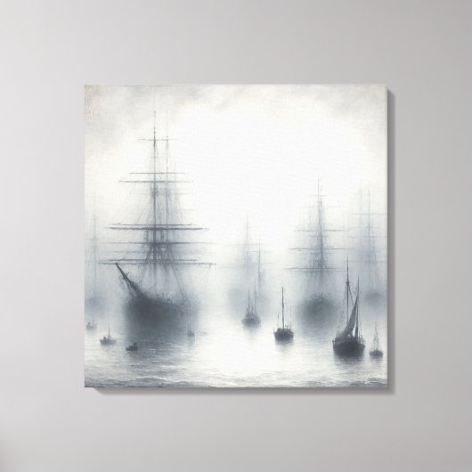 霧の深い港の神秘的な船 キャンバスプリント (正面)