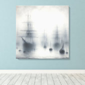 霧の深い港の神秘的な船 キャンバスプリント (インサイチュ (ウッドフロア))