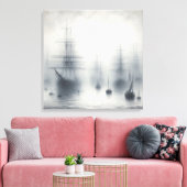 霧の深い港の神秘的な船 キャンバスプリント (インサイチュ (リビング))