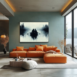 霧の深い湖のミニマル主義者でボートでロマンチックなカップル ポスター