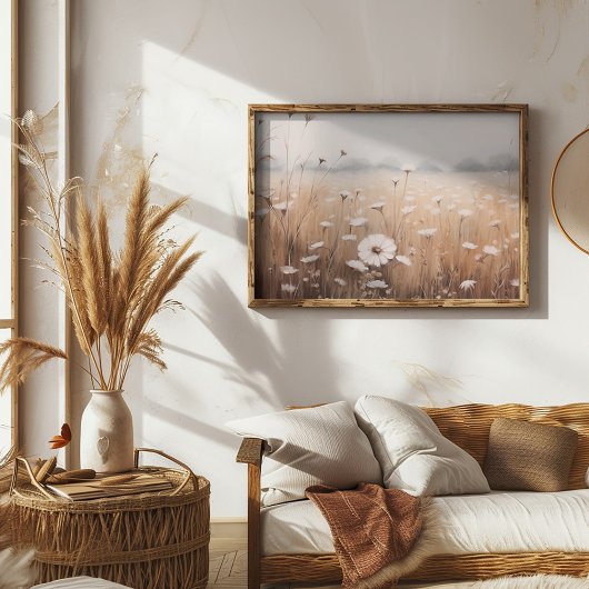 霧の深い空の花の油絵の分野 ポスター