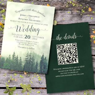 霧の緑の山のパイン素朴ズQRコー結婚ド 招待状