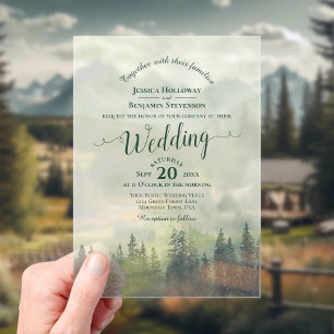 霧の緑の山の松の書結婚道 アクリル招待状