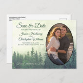 霧の緑の松の木の楕円形の写真を保存する日付 案内ポストカード (正面/裏面)