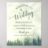 霧の緑の松の結婚森の歓迎サイン ポスター (正面)