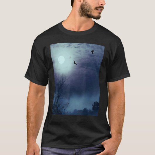 霧の自然ランドスケープ満月とこうもり Tシャツ (正面)