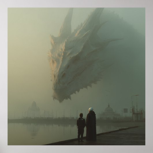 霧の街の桟橋にそびえる巨大な白いドラゴン ポスター (正面)
