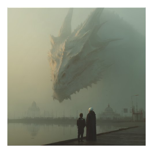 霧の街の桟橋に佇む巨大な白いドラゴン フォトプリント (正面)
