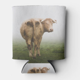 霧の野原を振り返る白い牛の牛 缶クーラー
