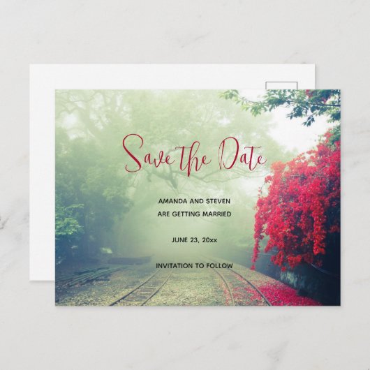 霧の鉄道跡の風光明媚な写真日付を保存 インビテーションポストカード (正面/裏面)