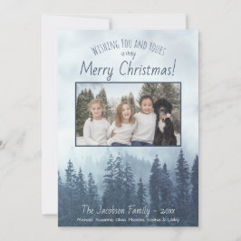 霧の青いパインズ写真素朴水色クリスマス シーズンカード