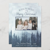 霧の青いパインズ写真素朴水色クリスマス シーズンカード (正面/裏面)