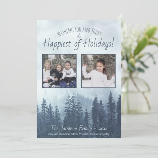 霧の青い松の木2写真素朴水色 シーズンカード (スタンド正面)