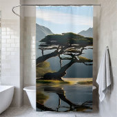 霧の風景シーンパインツリーアウトドアテーマ シャワーカーテン