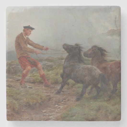 霧の高い高原の風景の中の2つのシェトランドポニー ストーンコースター (正面)