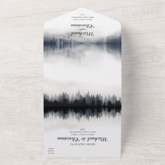 霧ミニマルの多いトウヒの森の結婚自然 オールインワン招待状 (外側)