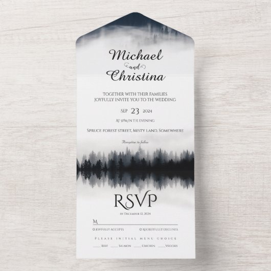 霧ミニマルの多いトウヒの森の結婚自然 オールインワン招待状 (内側)