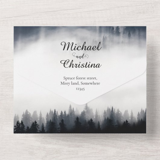 霧ミニマルの多いトウヒの森の結婚自然 オールインワン招待状 (裏面)