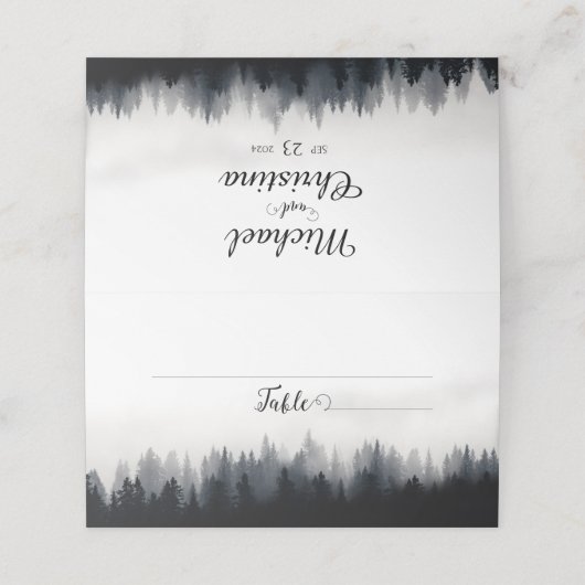 霧ミニマルの多いトウヒの森の結婚自然 プレイスカード (外部開封)