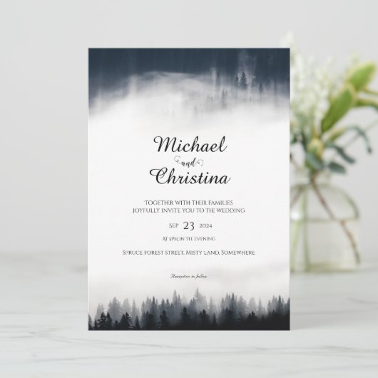 霧ミニマルの多いトウヒの森の結婚自然 招待状 (スタンド正面)