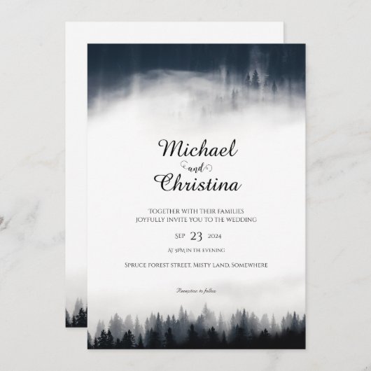 霧ミニマルの多いトウヒの森の結婚自然 招待状 (正面/裏面)
