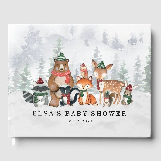 霧深い冬の森の森林動物の赤ちゃんシャワー ゲストブック (正面)