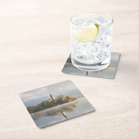 霧深い出血させた湖の日の出のコースター スクエアペーパーコースター (インサイチュ)