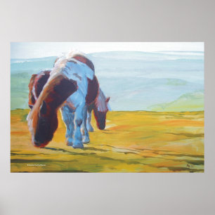 霧深い景色を絵を描いているDartmoorのミニチュア子馬 ポスター