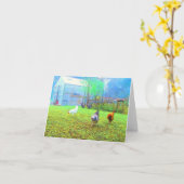 霧深い朝の鶏の芸術のメッセージカード カード (黄色い花)