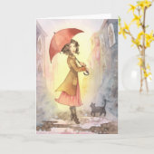 霧深い朝-女の子および猫の挨拶状 カード (黄色い花)