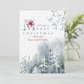 霧深い水の色の冬の森とポインセチア シーズンカード (スタンド正面)