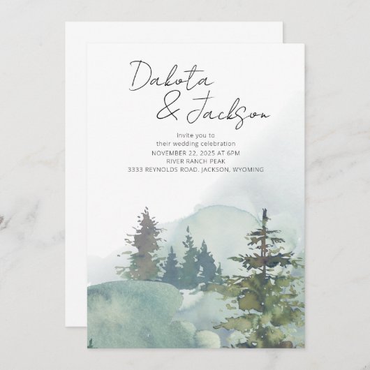 霧素朴の森の山の目的地の結婚式 招待状 (正面/裏面)