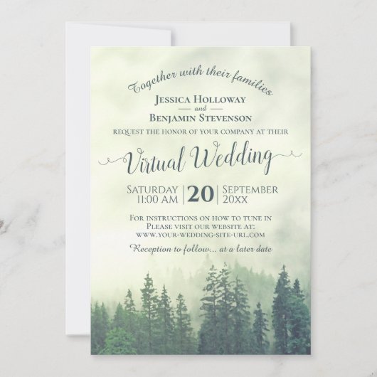 霧素朴色の緑の松の森の仮想結婚的 招待状 (正面)