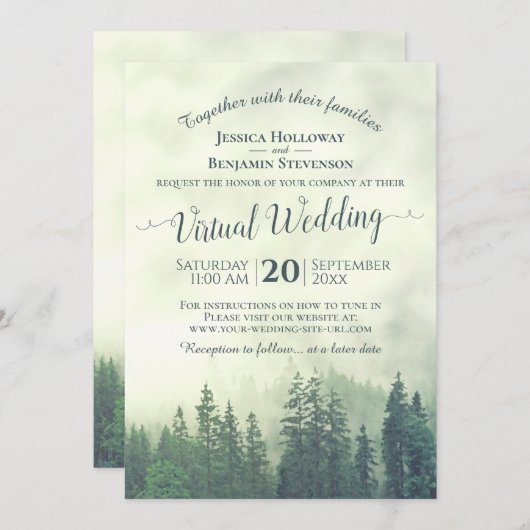 霧素朴色の緑の松の森の仮想結婚的 招待状 (正面/裏面)