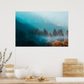 霧輝くの深い秋の森の光 ポスター (キッチン)