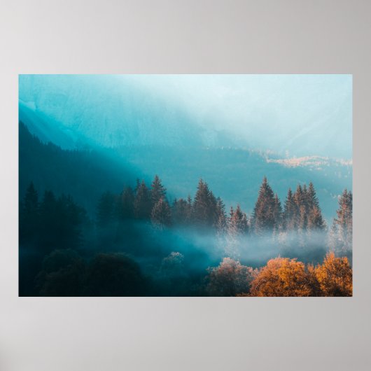 霧輝くの深い秋の森の光 ポスター (正面)