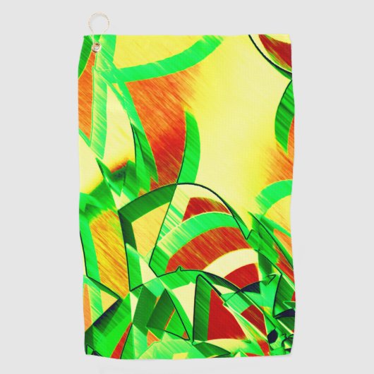 霧雨が降る赤いイメージの上に緑がかった縞模様 ゴルフタオル (正面)