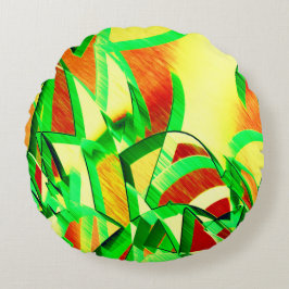 霧雨が降る赤いイメージの上に緑がかった縞模様 ラウンドクッション