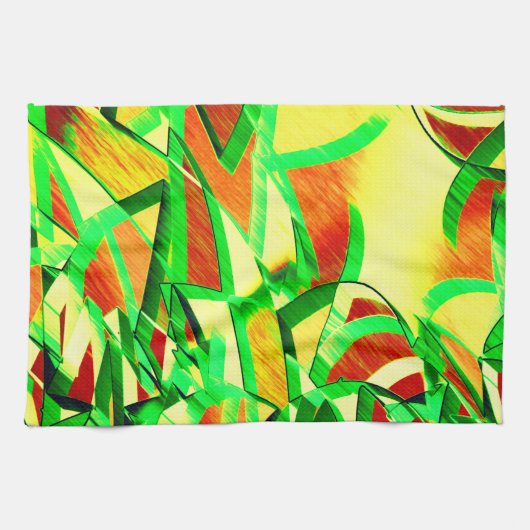 霧雨で赤いイメージの上に緑がかった筋 キッチンタオル (横)