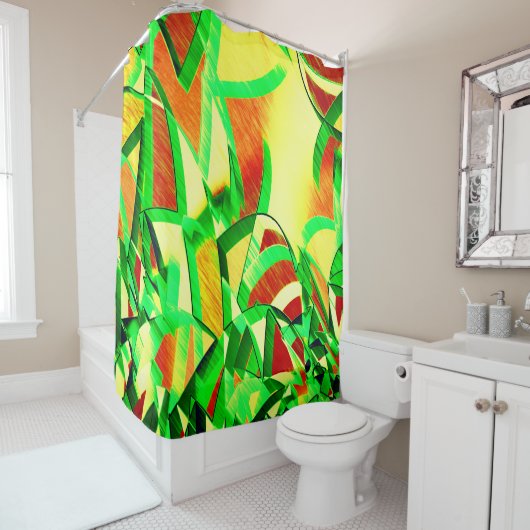 霧雨で赤いイメージの上に緑がかった筋 シャワーカーテン (インサイチュ)