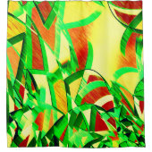 霧雨で赤いイメージの上に緑がかった筋 シャワーカーテン (正面)