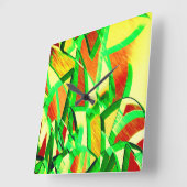 霧雨で赤いイメージの上に緑がかった筋 スクエア壁時計 (傾斜)