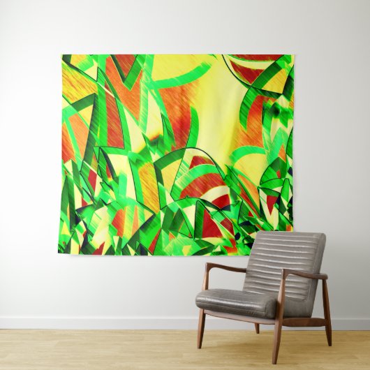 霧雨で赤いイメージの上に緑がかった筋 タペストリー (インサイチュ(横))