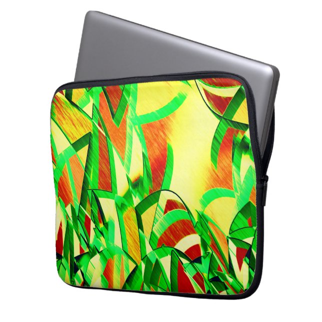 霧雨で赤いイメージの上に緑がかった筋 ラップトップスリーブ (正面左)