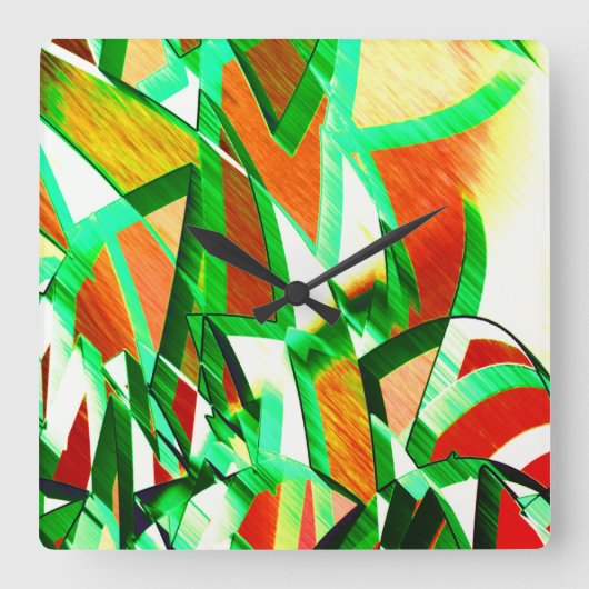 霧雨のオレンジ色の赤い画像に緑がかった筋 スクエア壁時計 (正面)